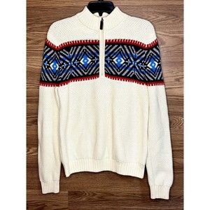 IZOD Mens Cotton 1/4 Zip Vanilla Ice Sweater Size Medium White Blue Red